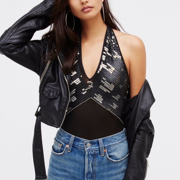 Free People Tops - Free People Sequin Halter Mesh Bodysuit